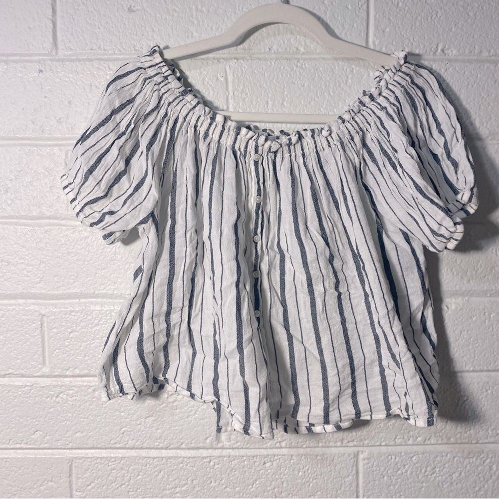 Flouncy Off Shoulder Blue & White Striped Button Down Short Sleeve Blouse Loose